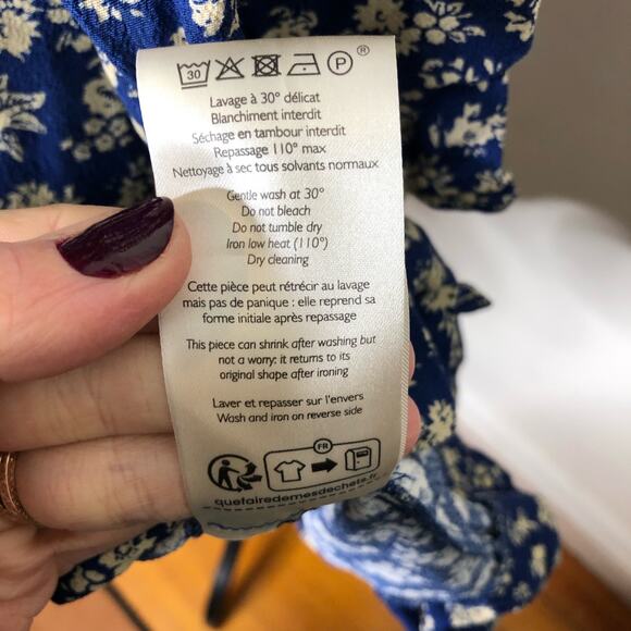 Sezane Dress Asianne Cara Antique Floral Wrap Mini Navy Blue Ruffle French 38 - Picture 10 of 13